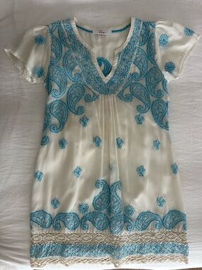 Women’s Amaya Cream Embroidered Cover Up with Turquoise Blue Paisley Detailing